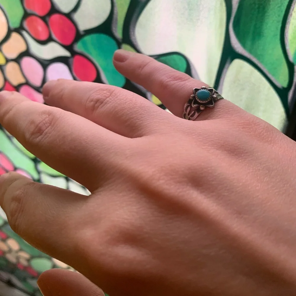 Vintage Turquoise Flower Sterling Silver Pinky Ring